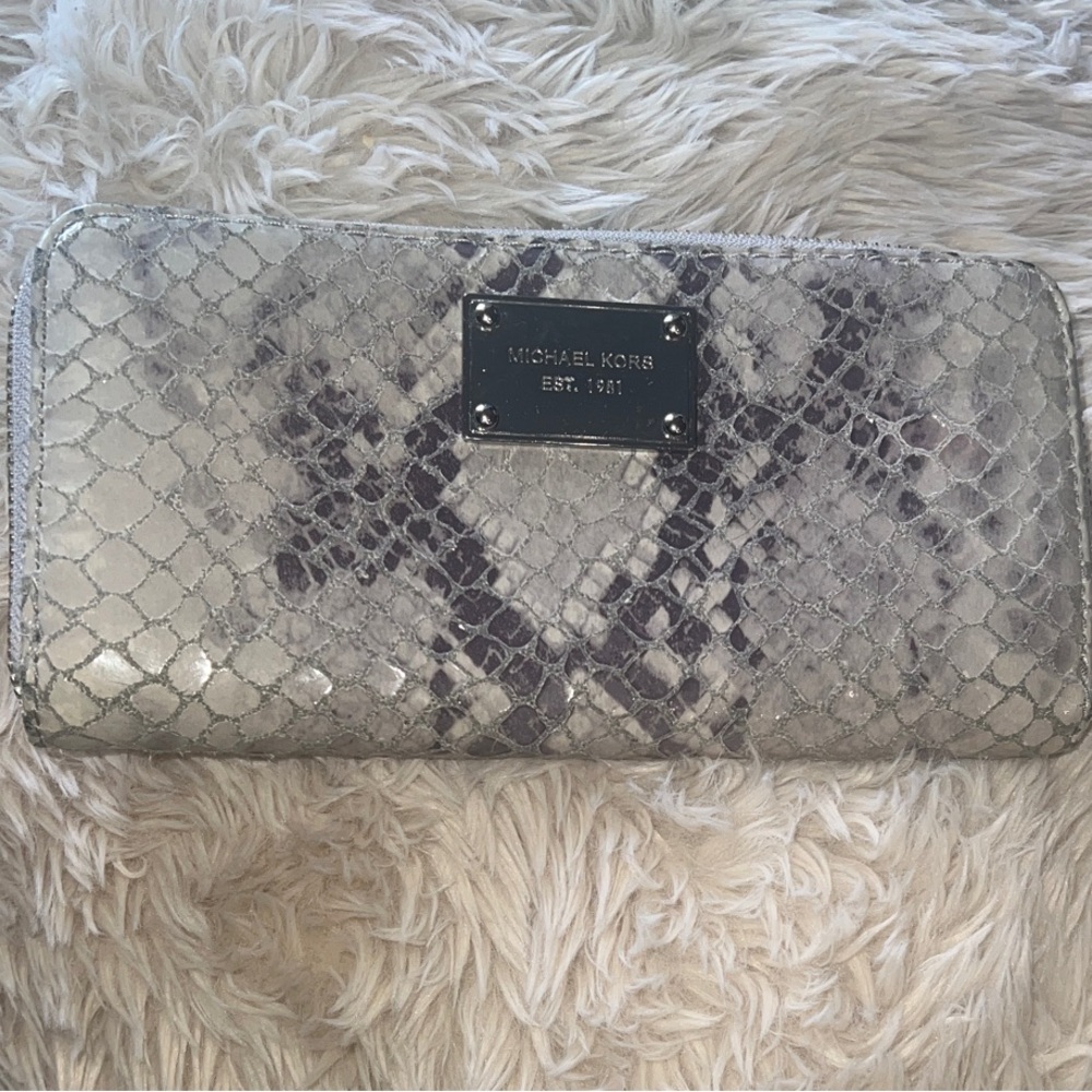 Michael Kors Metallic Silver Snake-Embossed Zip Wallet